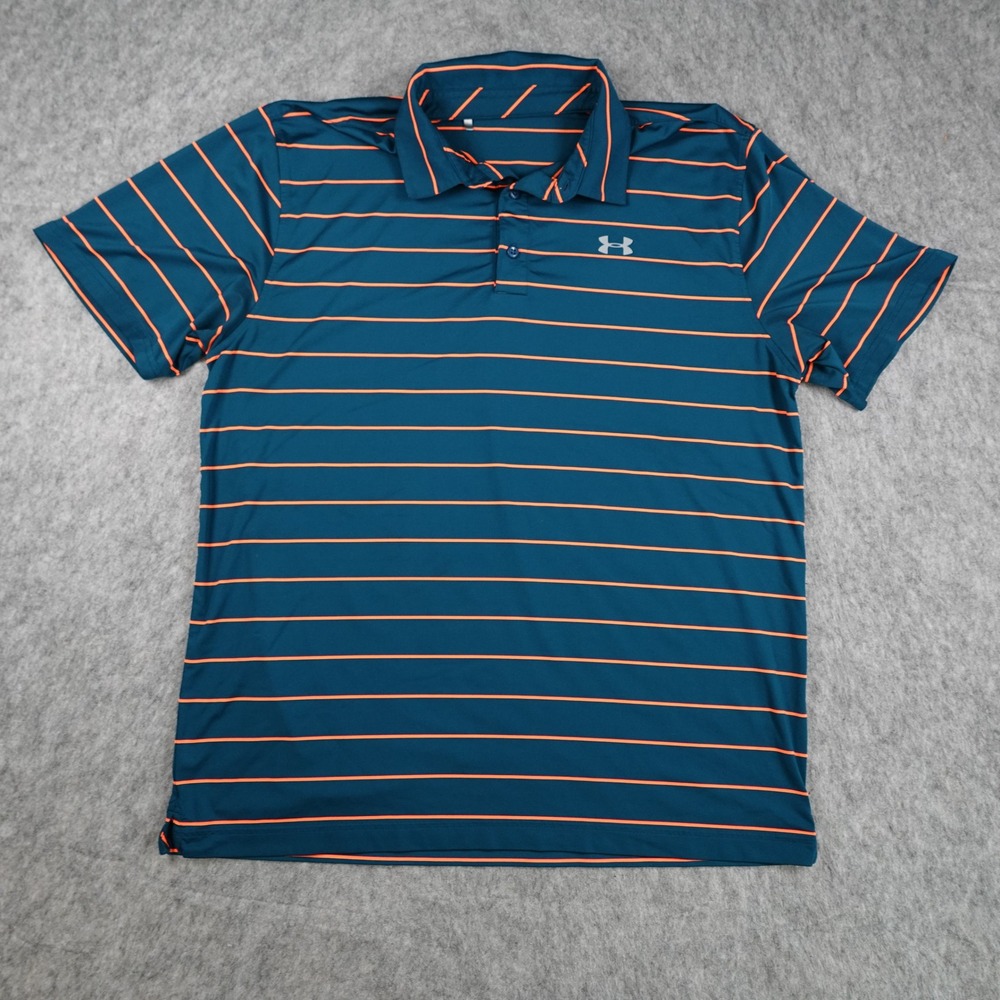 Under Armour Shirt Mens Extra Large Teal Orange Striped Polo HeatGear Loose Fit
